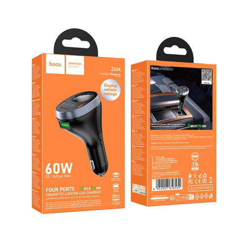 Hoco Z61A PD60W Dual Type-C & USB 3-Port Car Charger with Cigarette Lighter Black