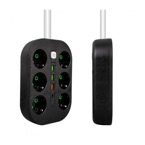 Power Socket 6-Way with 1.5m Cable Surge Protector and 3 USB + Type-C Ports
